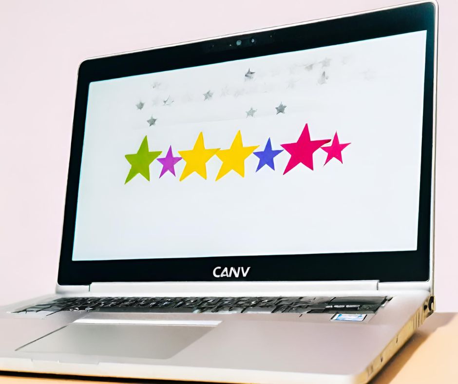 Image of a laptop screen displaying stars, symbolizing positive reviews and recommendations